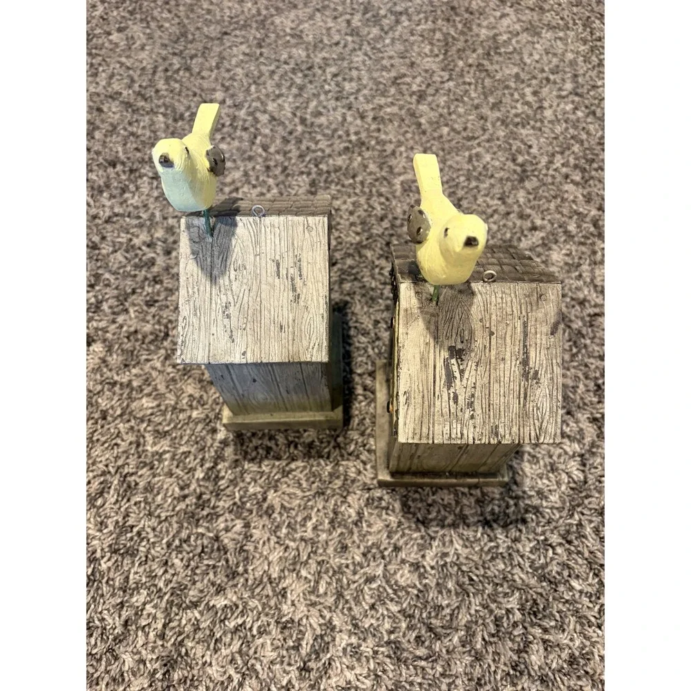 Set of 2 Rustic Sweet Home Birdhouse Figurines Yellow Bird Farmhouse Decor
